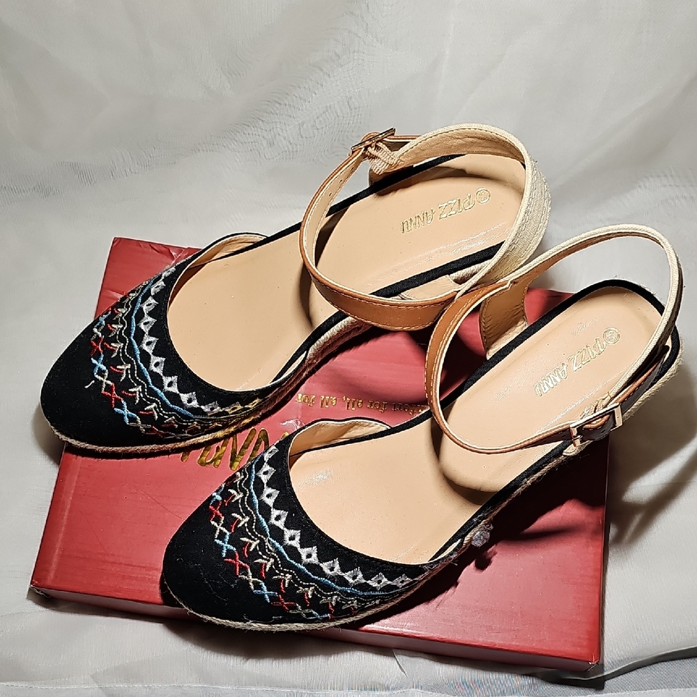 Black Embroidered Wedge Espadrilles